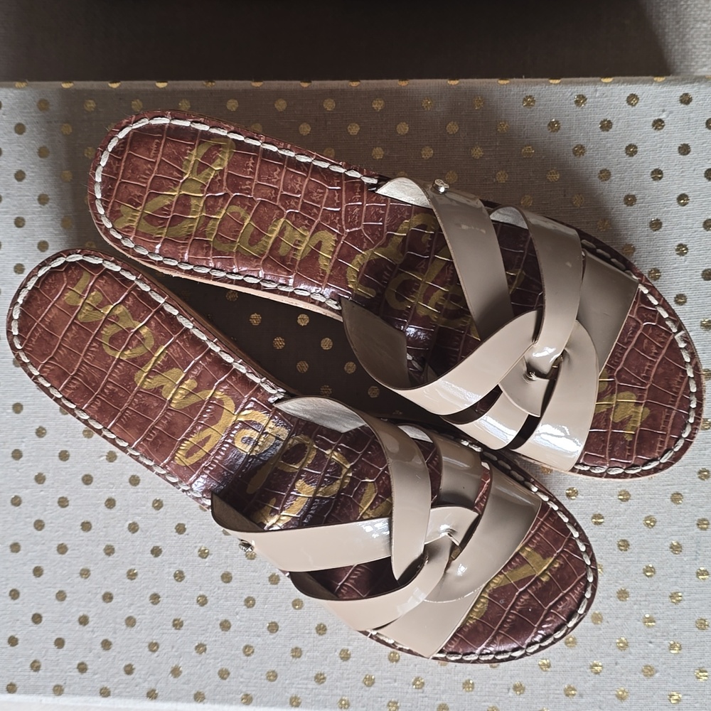 Sam Edelman Women Size 8.5 Nude Raynere Patent Cork Wedge Slip On Sandals